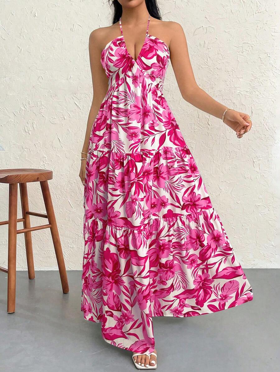 Firerie Women's Romantic Floral Printed Beach Vacation Halter V-Neck Pleated Backless A-Line Dress For Summer Hawaii,Summer Dresses For Women,Tea Party Dress,White Graduation Dress