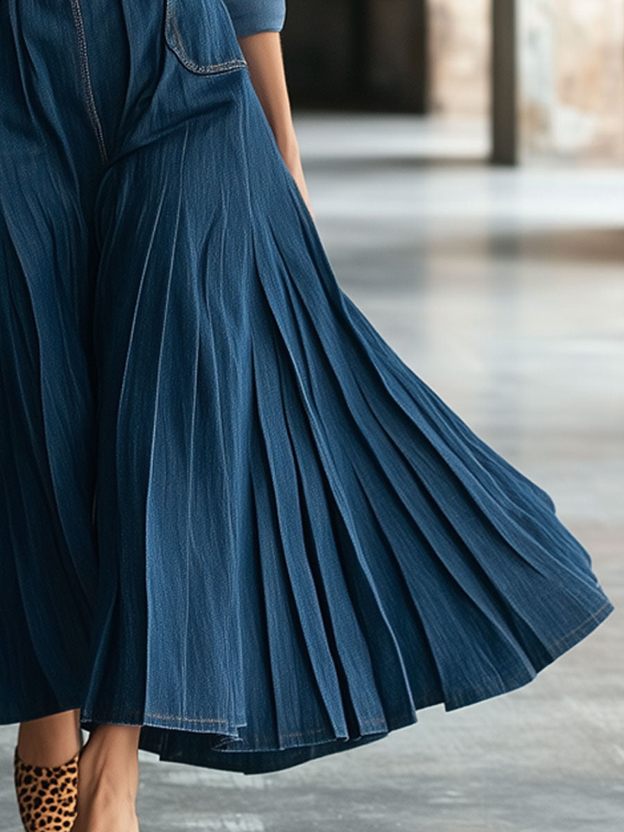 Vintage Long-Sleeved Dark Blue Denim Trench Coat-Style Pleated Maxi Dress