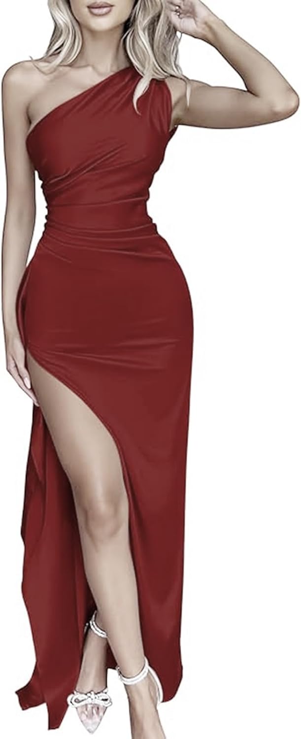 Dinjicun Women's Sexy One Shoulder Satin Prom Dress High Split Cocktail Wedding Party Maxi Dress