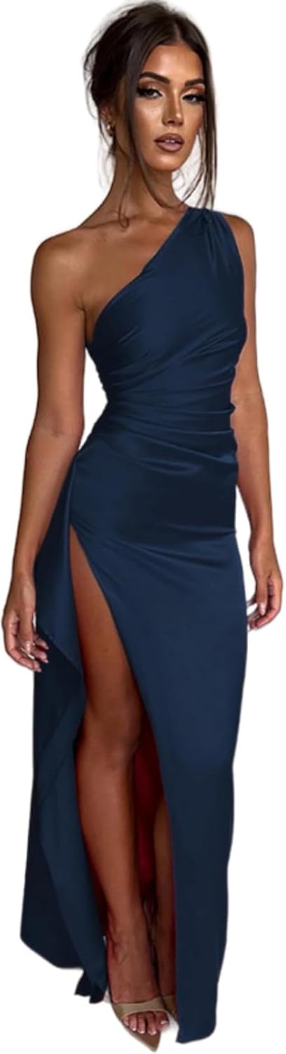 Dinjicun Women's Sexy One Shoulder Satin Prom Dress High Split Cocktail Wedding Party Maxi Dress