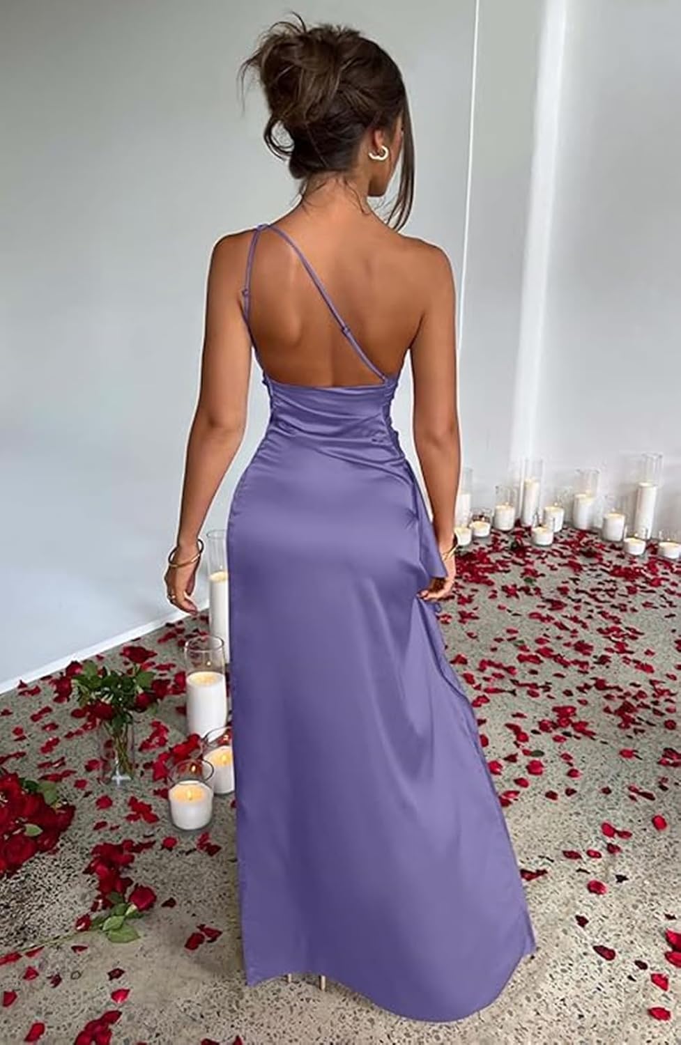Dinjicun Women's Sexy One Shoulder Satin Prom Dress High Split Cocktail Wedding Party Maxi Dress