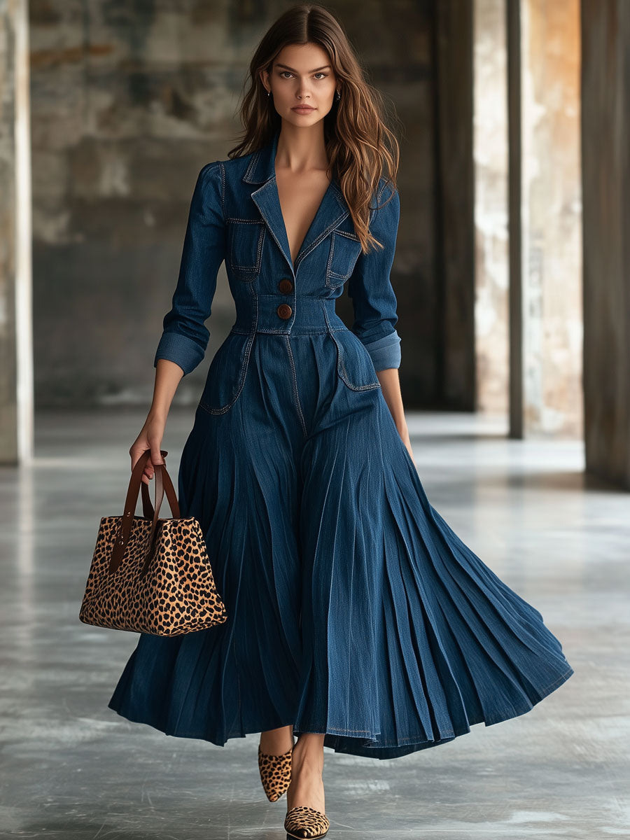 Vintage Long-Sleeved Dark Blue Denim Trench Coat-Style Pleated Maxi Dress