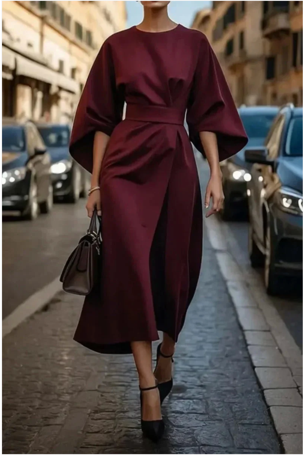 Dress with elegant lantern sleeves and belt