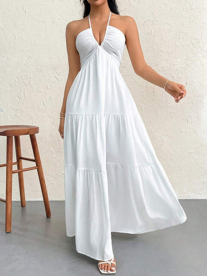 Firerie Women's Romantic Floral Printed Beach Vacation Halter V-Neck Pleated Backless A-Line Dress For Summer Hawaii,Summer Dresses For Women,Tea Party Dress,White Graduation Dress