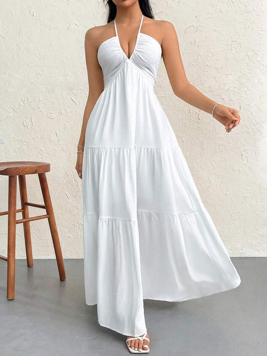 Firerie Women's Romantic Floral Printed Beach Vacation Halter V-Neck Pleated Backless A-Line Dress For Summer Hawaii,Summer Dresses For Women,Tea Party Dress,White Graduation Dress
