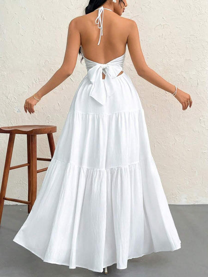 Firerie Women's Romantic Floral Printed Beach Vacation Halter V-Neck Pleated Backless A-Line Dress For Summer Hawaii,Summer Dresses For Women,Tea Party Dress,White Graduation Dress