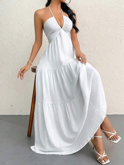 Firerie Women's Romantic Floral Printed Beach Vacation Halter V-Neck Pleated Backless A-Line Dress For Summer Hawaii,Summer Dresses For Women,Tea Party Dress,White Graduation Dress