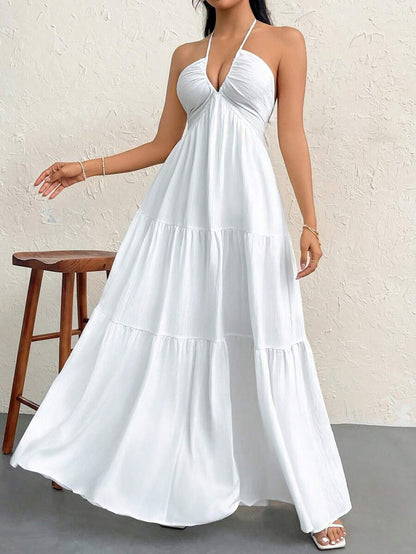 Firerie Women's Romantic Floral Printed Beach Vacation Halter V-Neck Pleated Backless A-Line Dress For Summer Hawaii,Summer Dresses For Women,Tea Party Dress,White Graduation Dress