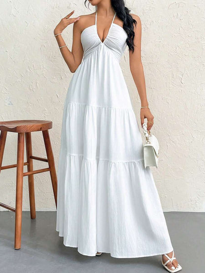 Firerie Women's Romantic Floral Printed Beach Vacation Halter V-Neck Pleated Backless A-Line Dress For Summer Hawaii,Summer Dresses For Women,Tea Party Dress,White Graduation Dress