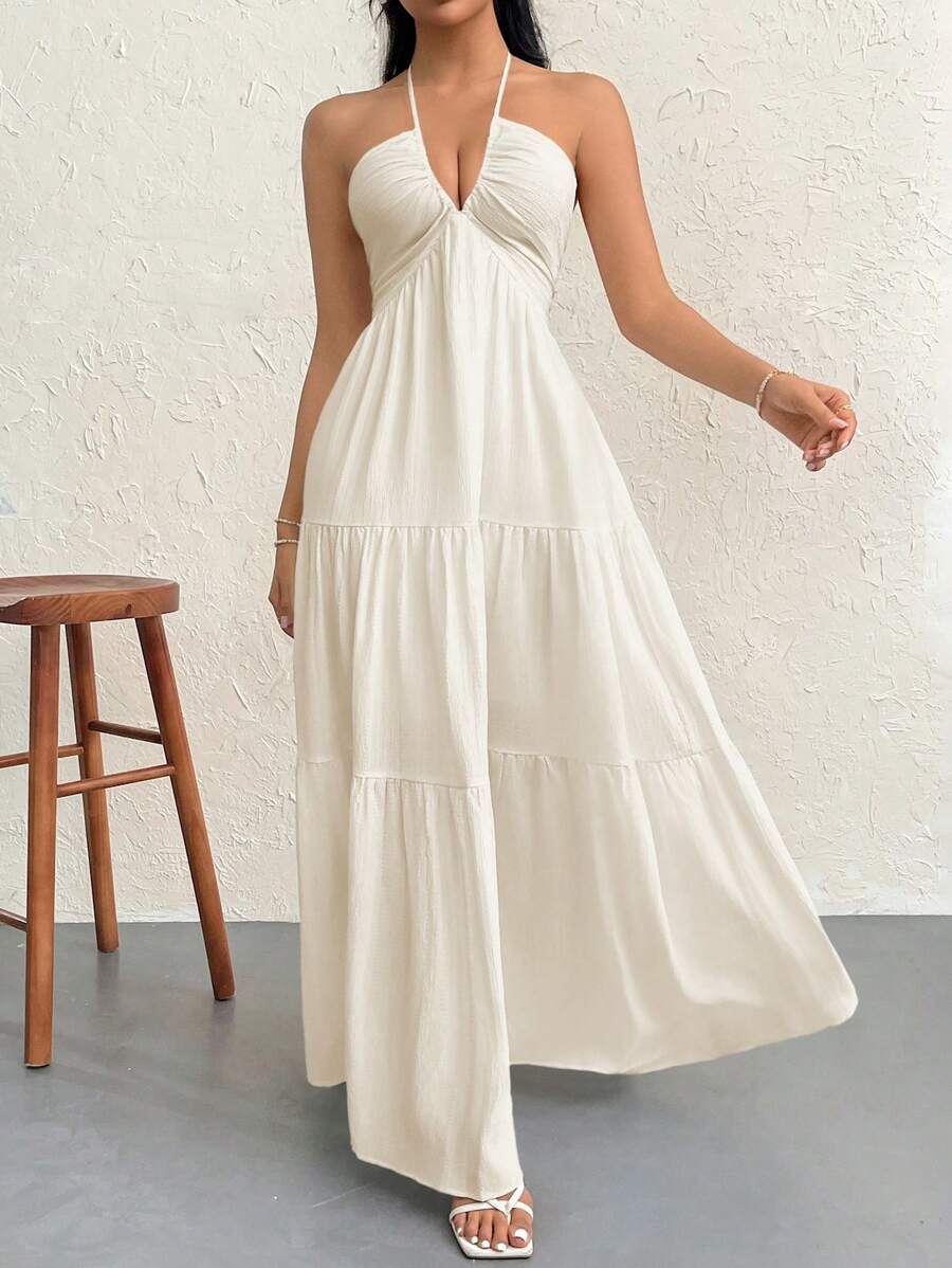 Firerie Women's Romantic Floral Printed Beach Vacation Halter V-Neck Pleated Backless A-Line Dress For Summer Hawaii,Summer Dresses For Women,Tea Party Dress,White Graduation Dress