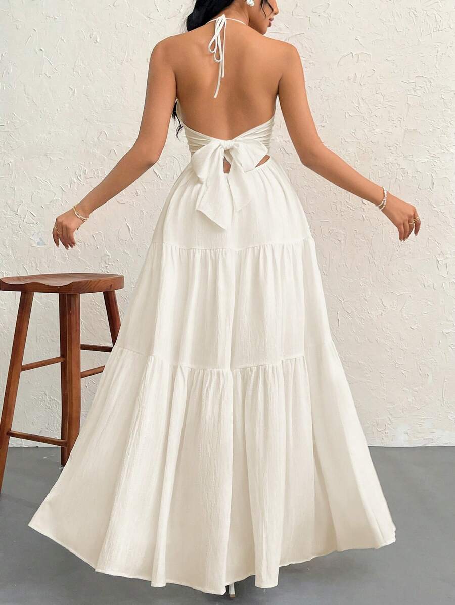 Firerie Women's Romantic Floral Printed Beach Vacation Halter V-Neck Pleated Backless A-Line Dress For Summer Hawaii,Summer Dresses For Women,Tea Party Dress,White Graduation Dress