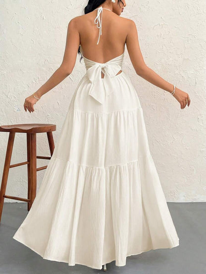 Firerie Women's Romantic Floral Printed Beach Vacation Halter V-Neck Pleated Backless A-Line Dress For Summer Hawaii,Summer Dresses For Women,Tea Party Dress,White Graduation Dress