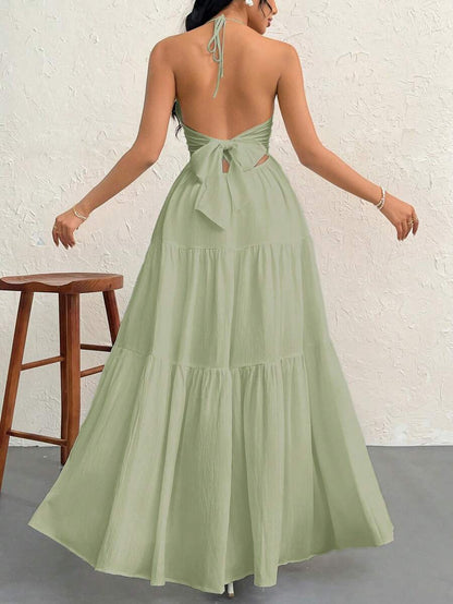 Firerie Women's Romantic Floral Printed Beach Vacation Halter V-Neck Pleated Backless A-Line Dress For Summer Hawaii,Summer Dresses For Women,Tea Party Dress,White Graduation Dress