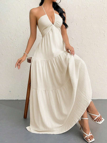 Firerie Women's Romantic Floral Printed Beach Vacation Halter V-Neck Pleated Backless A-Line Dress For Summer Hawaii,Summer Dresses For Women,Tea Party Dress,White Graduation Dress