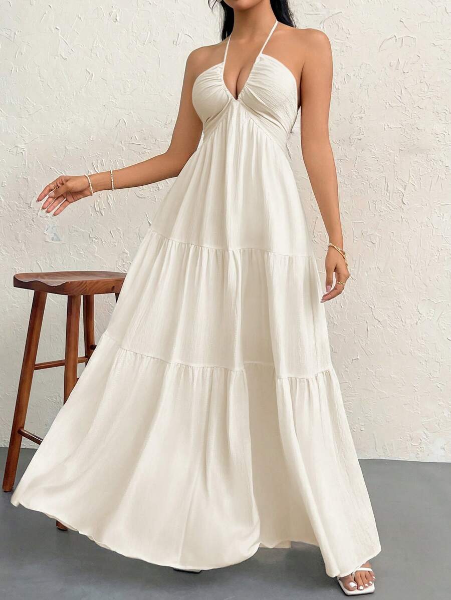 Firerie Women's Romantic Floral Printed Beach Vacation Halter V-Neck Pleated Backless A-Line Dress For Summer Hawaii,Summer Dresses For Women,Tea Party Dress,White Graduation Dress