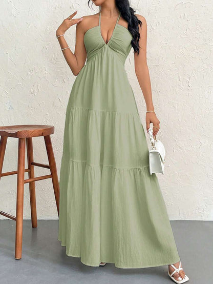 Firerie Women's Romantic Floral Printed Beach Vacation Halter V-Neck Pleated Backless A-Line Dress For Summer Hawaii,Summer Dresses For Women,Tea Party Dress,White Graduation Dress