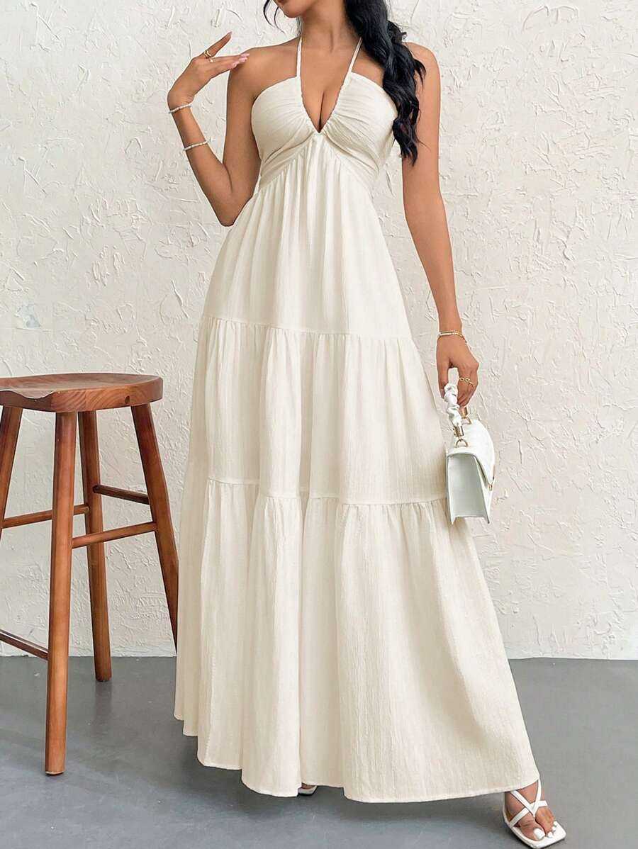 Firerie Women's Romantic Floral Printed Beach Vacation Halter V-Neck Pleated Backless A-Line Dress For Summer Hawaii,Summer Dresses For Women,Tea Party Dress,White Graduation Dress