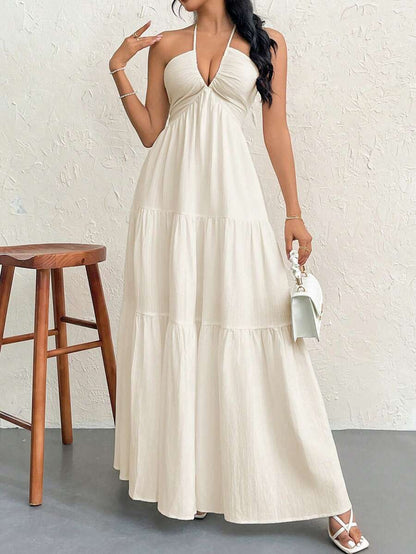 Firerie Women's Romantic Floral Printed Beach Vacation Halter V-Neck Pleated Backless A-Line Dress For Summer Hawaii,Summer Dresses For Women,Tea Party Dress,White Graduation Dress