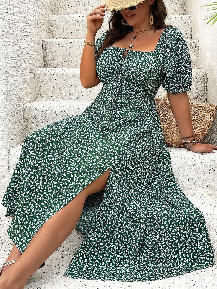 Breezaya Vestido de verano elegante de manga larga abultada, escote cuadrado, con corbata delantera y estampado floral diminuto, para vacaciones, talla grande, conjunto de mujer