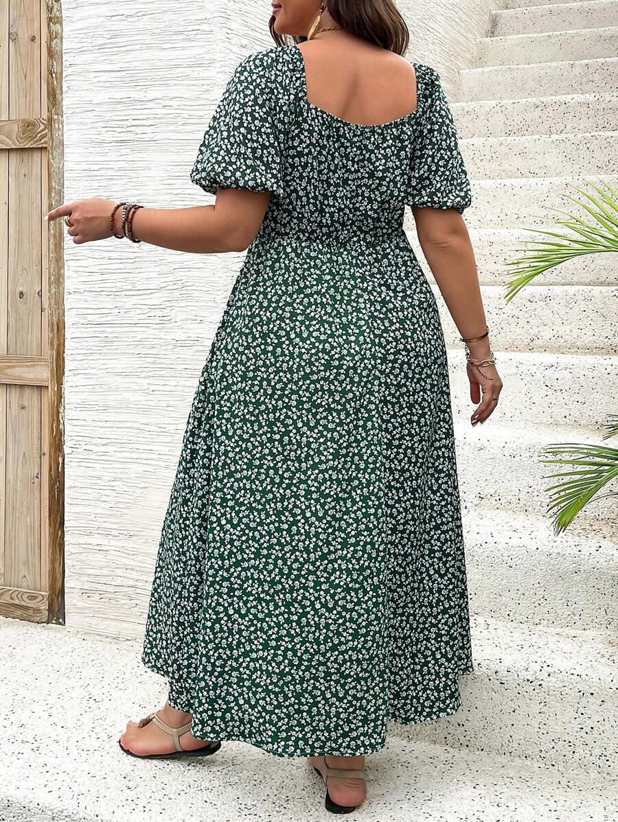 Breezaya Vestido de verano elegante de manga larga abultada, escote cuadrado, con corbata delantera y estampado floral diminuto, para vacaciones, talla grande, conjunto de mujer