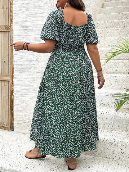 Breezaya Vestido de verano elegante de manga larga abultada, escote cuadrado, con corbata delantera y estampado floral diminuto, para vacaciones, talla grande, conjunto de mujer