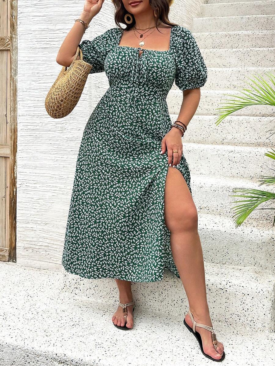 Breezaya Vestido de verano elegante de manga larga abultada, escote cuadrado, con corbata delantera y estampado floral diminuto, para vacaciones, talla grande, conjunto de mujer