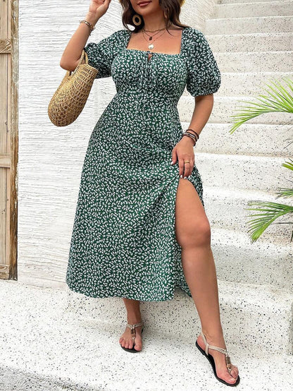 Breezaya Vestido de verano elegante de manga larga abultada, escote cuadrado, con corbata delantera y estampado floral diminuto, para vacaciones, talla grande, conjunto de mujer