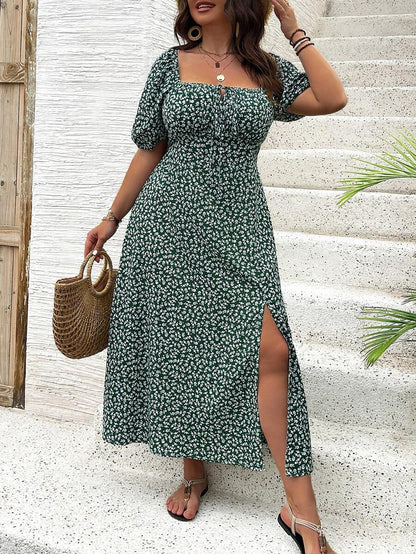 Breezaya Vestido de verano elegante de manga larga abultada, escote cuadrado, con corbata delantera y estampado floral diminuto, para vacaciones, talla grande, conjunto de mujer