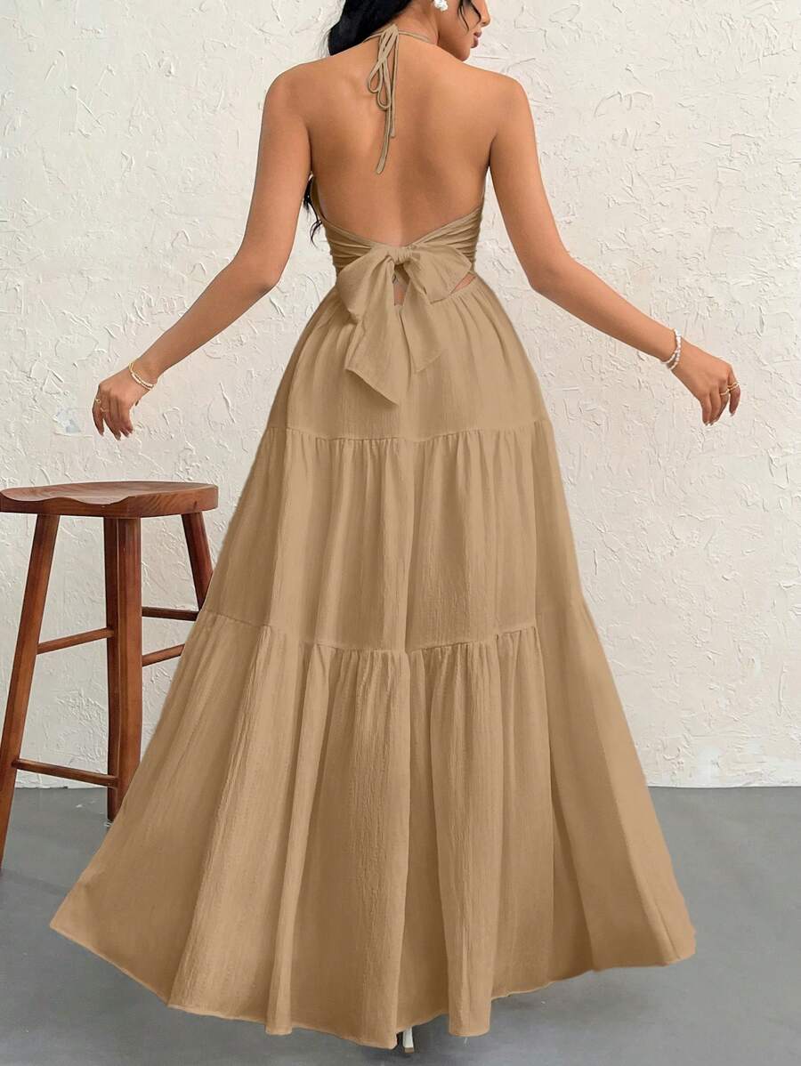 Firerie Women's Romantic Floral Printed Beach Vacation Halter V-Neck Pleated Backless A-Line Dress For Summer Hawaii,Summer Dresses For Women,Tea Party Dress,White Graduation Dress