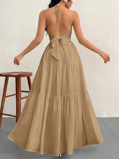 Firerie Women's Romantic Floral Printed Beach Vacation Halter V-Neck Pleated Backless A-Line Dress For Summer Hawaii,Summer Dresses For Women,Tea Party Dress,White Graduation Dress