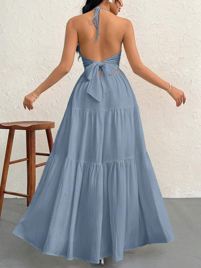 Firerie Women's Romantic Floral Printed Beach Vacation Halter V-Neck Pleated Backless A-Line Dress For Summer Hawaii,Summer Dresses For Women,Tea Party Dress,White Graduation Dress