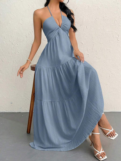 Firerie Women's Romantic Floral Printed Beach Vacation Halter V-Neck Pleated Backless A-Line Dress For Summer Hawaii,Summer Dresses For Women,Tea Party Dress,White Graduation Dress