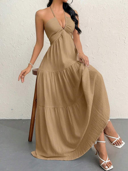 Firerie Women's Romantic Floral Printed Beach Vacation Halter V-Neck Pleated Backless A-Line Dress For Summer Hawaii,Summer Dresses For Women,Tea Party Dress,White Graduation Dress