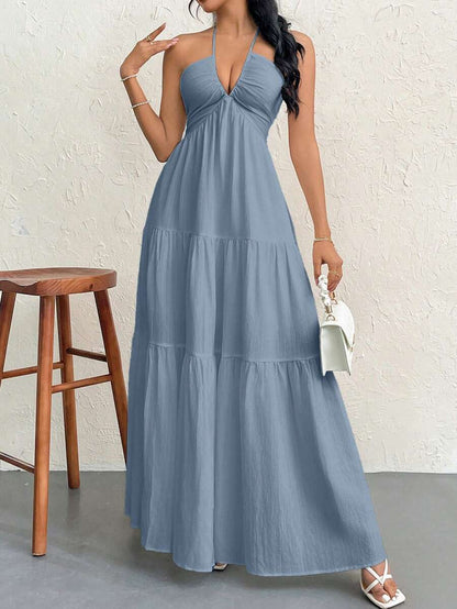 Firerie Women's Romantic Floral Printed Beach Vacation Halter V-Neck Pleated Backless A-Line Dress For Summer Hawaii,Summer Dresses For Women,Tea Party Dress,White Graduation Dress