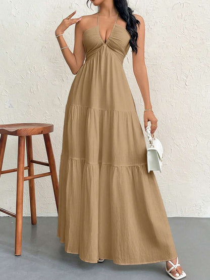 Firerie Women's Romantic Floral Printed Beach Vacation Halter V-Neck Pleated Backless A-Line Dress For Summer Hawaii,Summer Dresses For Women,Tea Party Dress,White Graduation Dress
