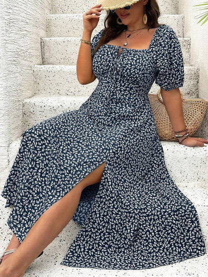 Breezaya Vestido de verano elegante de manga larga abultada, escote cuadrado, con corbata delantera y estampado floral diminuto, para vacaciones, talla grande, conjunto de mujer
