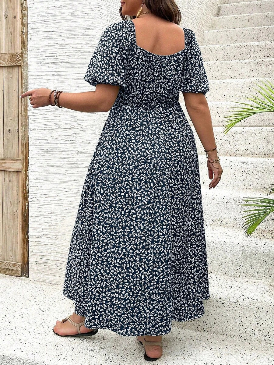 Breezaya Vestido de verano elegante de manga larga abultada, escote cuadrado, con corbata delantera y estampado floral diminuto, para vacaciones, talla grande, conjunto de mujer