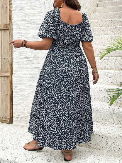 Breezaya Vestido de verano elegante de manga larga abultada, escote cuadrado, con corbata delantera y estampado floral diminuto, para vacaciones, talla grande, conjunto de mujer