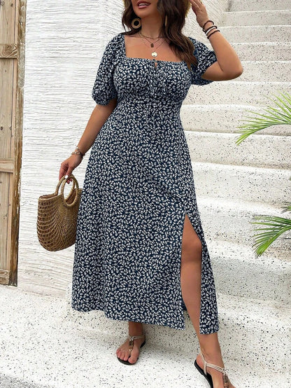 Breezaya Vestido de verano elegante de manga larga abultada, escote cuadrado, con corbata delantera y estampado floral diminuto, para vacaciones, talla grande, conjunto de mujer