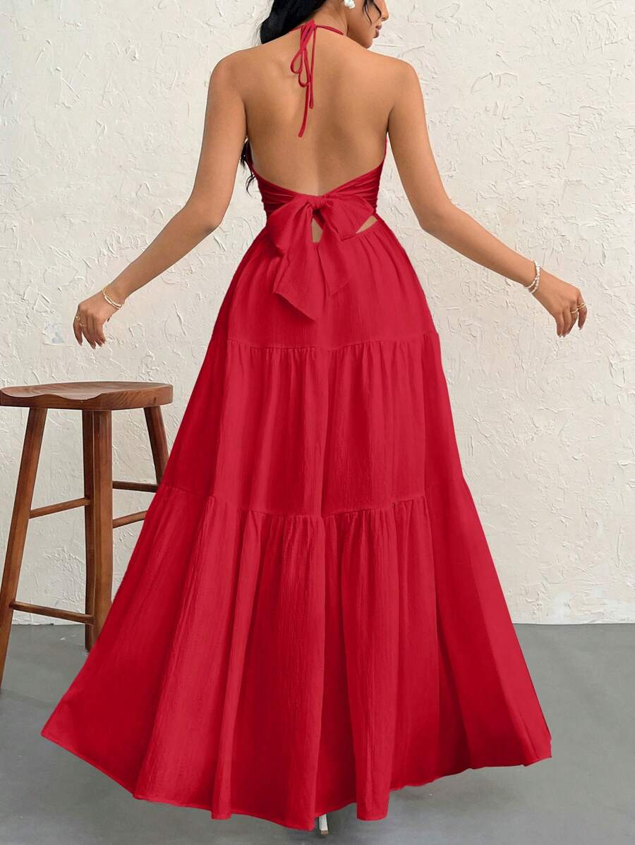 Firerie Women's Romantic Floral Printed Beach Vacation Halter V-Neck Pleated Backless A-Line Dress For Summer Hawaii,Summer Dresses For Women,Tea Party Dress,White Graduation Dress