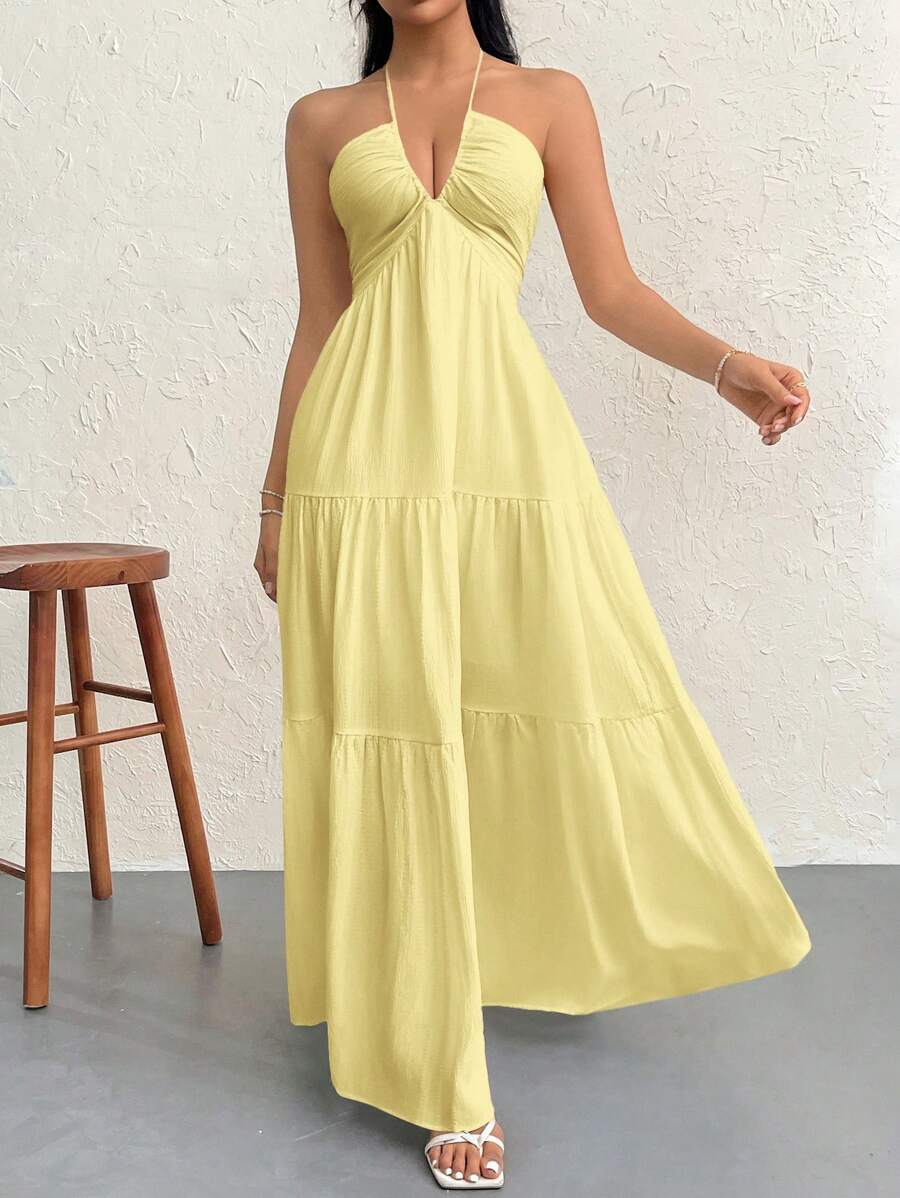 Firerie Women's Romantic Floral Printed Beach Vacation Halter V-Neck Pleated Backless A-Line Dress For Summer Hawaii,Summer Dresses For Women,Tea Party Dress,White Graduation Dress