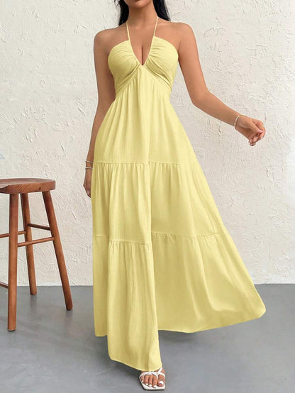 Firerie Women's Romantic Floral Printed Beach Vacation Halter V-Neck Pleated Backless A-Line Dress For Summer Hawaii,Summer Dresses For Women,Tea Party Dress,White Graduation Dress