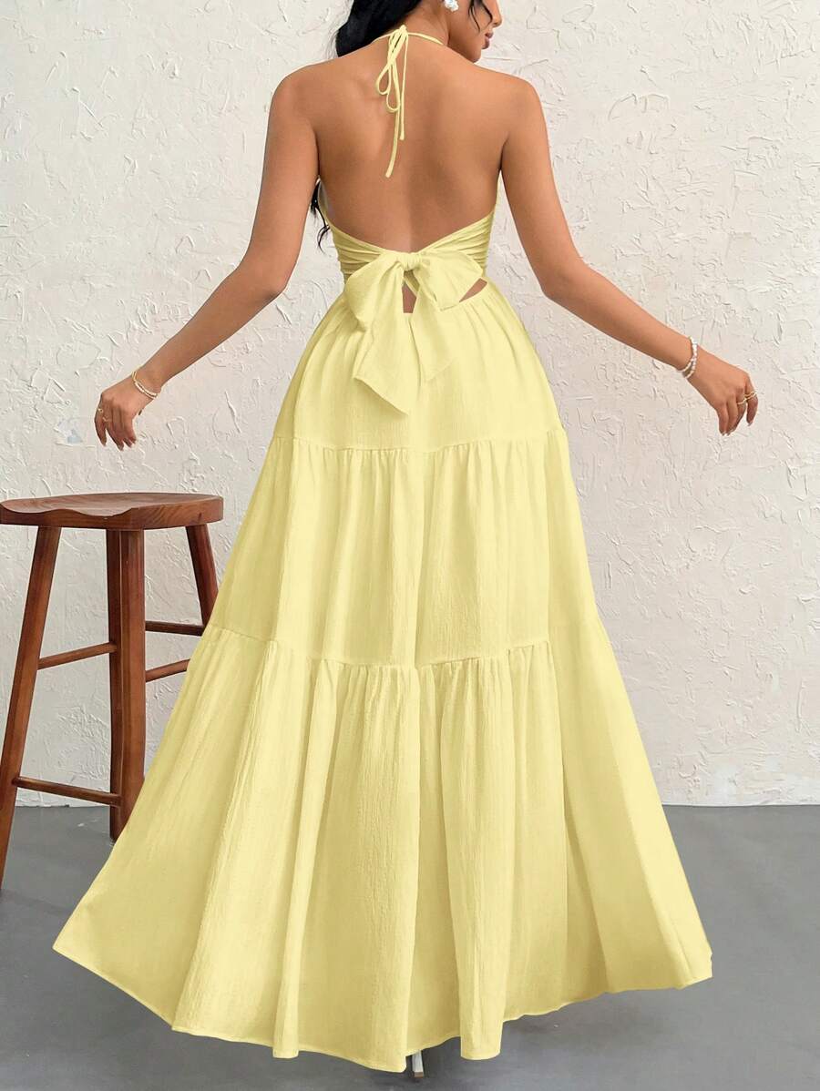 Firerie Women's Romantic Floral Printed Beach Vacation Halter V-Neck Pleated Backless A-Line Dress For Summer Hawaii,Summer Dresses For Women,Tea Party Dress,White Graduation Dress