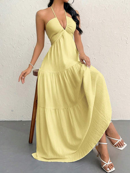 Firerie Women's Romantic Floral Printed Beach Vacation Halter V-Neck Pleated Backless A-Line Dress For Summer Hawaii,Summer Dresses For Women,Tea Party Dress,White Graduation Dress