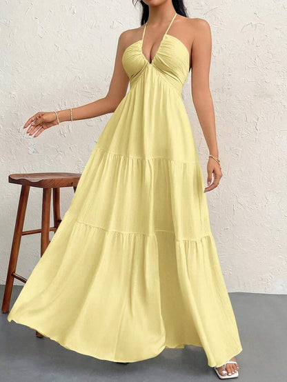 Firerie Women's Romantic Floral Printed Beach Vacation Halter V-Neck Pleated Backless A-Line Dress For Summer Hawaii,Summer Dresses For Women,Tea Party Dress,White Graduation Dress