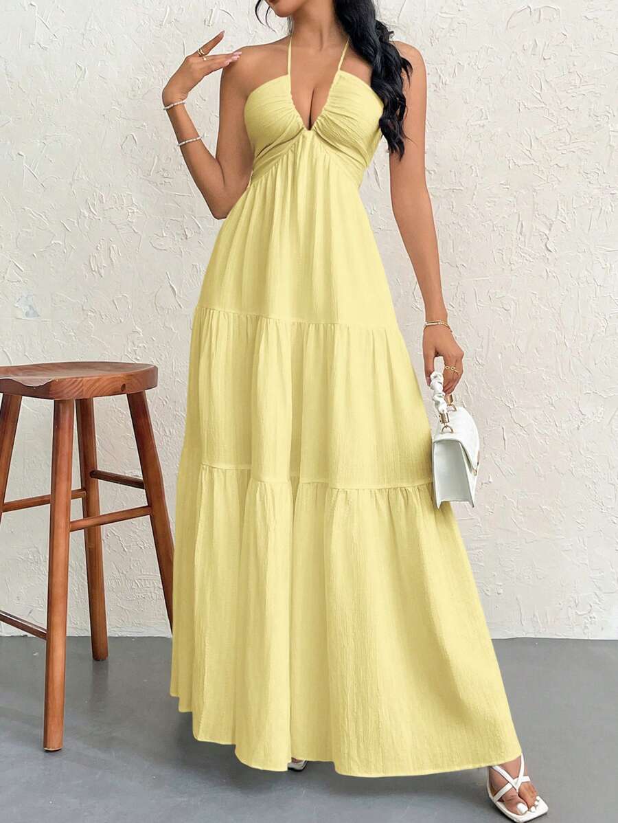 Firerie Women's Romantic Floral Printed Beach Vacation Halter V-Neck Pleated Backless A-Line Dress For Summer Hawaii,Summer Dresses For Women,Tea Party Dress,White Graduation Dress