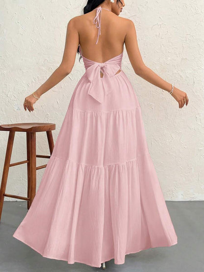 Firerie Women's Romantic Floral Printed Beach Vacation Halter V-Neck Pleated Backless A-Line Dress For Summer Hawaii,Summer Dresses For Women,Tea Party Dress,White Graduation Dress