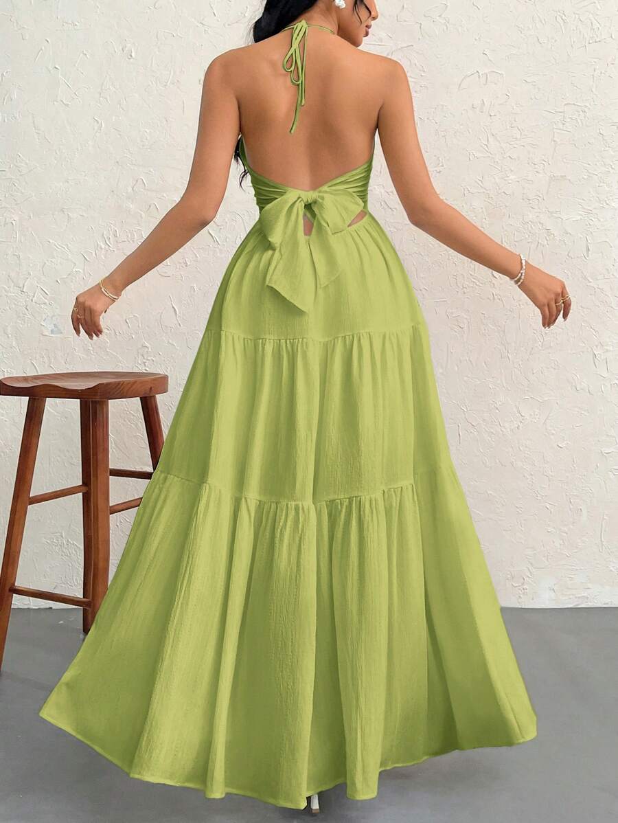 Firerie Women's Romantic Floral Printed Beach Vacation Halter V-Neck Pleated Backless A-Line Dress For Summer Hawaii,Summer Dresses For Women,Tea Party Dress,White Graduation Dress