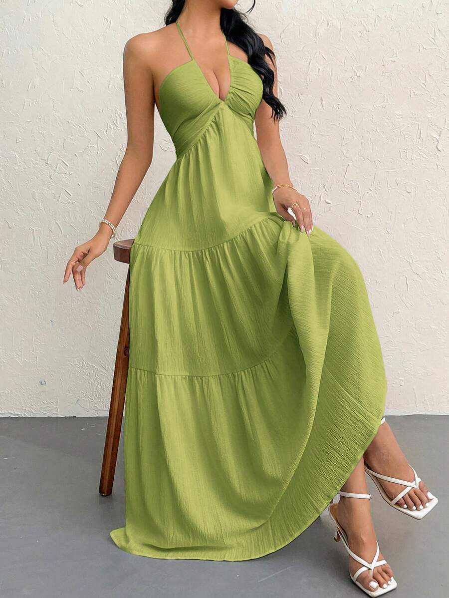 Firerie Women's Romantic Floral Printed Beach Vacation Halter V-Neck Pleated Backless A-Line Dress For Summer Hawaii,Summer Dresses For Women,Tea Party Dress,White Graduation Dress