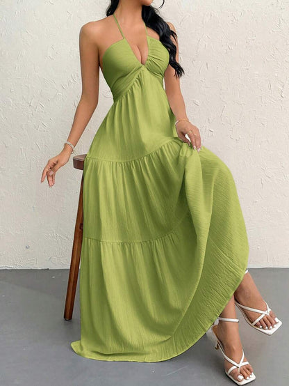 Firerie Women's Romantic Floral Printed Beach Vacation Halter V-Neck Pleated Backless A-Line Dress For Summer Hawaii,Summer Dresses For Women,Tea Party Dress,White Graduation Dress